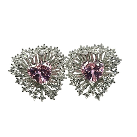 Silver & Pink Heart Floral Statement Stud Earrings White Gold Rhodium Zircon - Picture 1 of 5